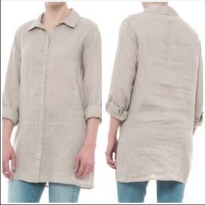 Tahari Tunic Top Small Linen Button Up Slit SidesTan Minimalist‎ Cottage Coastal